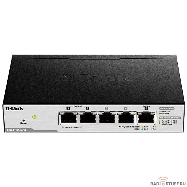 D-Link DGS-1100-05PDV2/A1A Настраиваемый L2 коммутатор с 5 портами 10/100/1000Base-T (2 порта PoE, 1 порт для питания коммутатора по PoE). Питание осуществляется только по PoE.