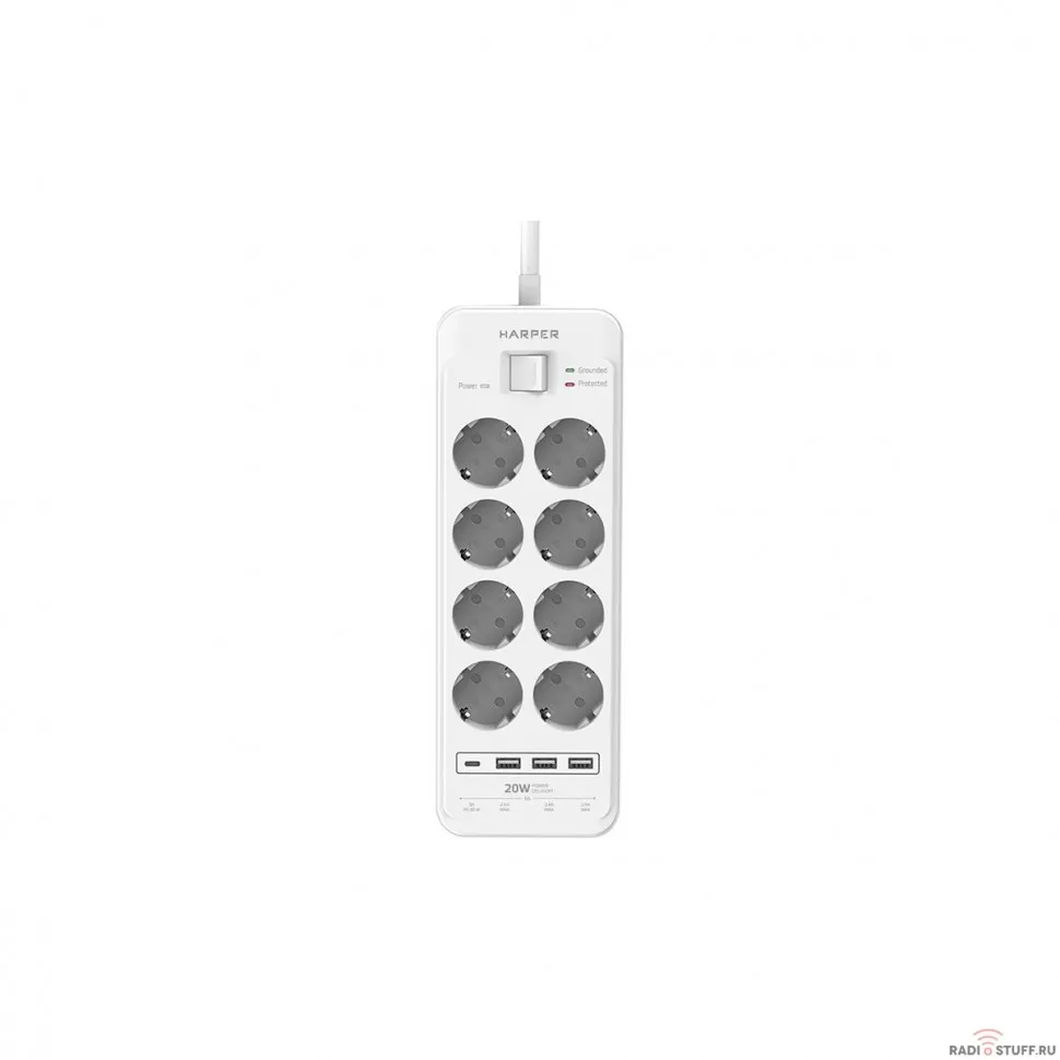 Harper Сетевой фильтр с USB зарядкой UCH-650 White PD3.0 (8 роз.,5м.,3xUSB+1xType-C портами, 4000W) {H00003209}