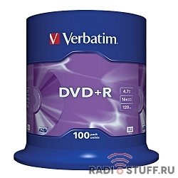 Verbatim  Диски DVD+R  4.7Gb 16-х, 100шт, Cake Box (43551)