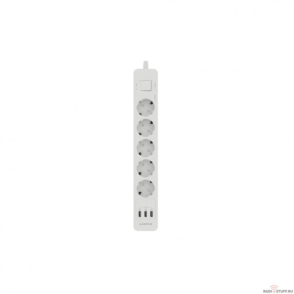 Harper Сетевой фильтр с USB зарядкой UCH-530 White (5 роз.,1,5м.,3 x USB 2.4A (max 3.4A), 4000W) {H00002264}