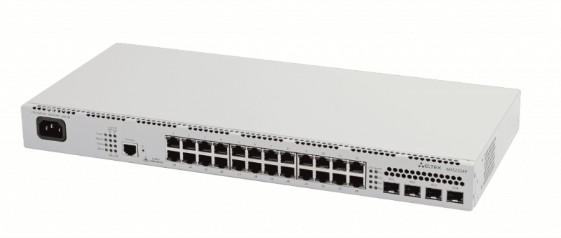 Ethernet-коммутатор MES2324P, 24 порта 10/100/1000 Base-T (PoE/PoE+), 4 порта 10GBase-X (SFP+)/1000Base-X (SFP), L2+, 220V AC