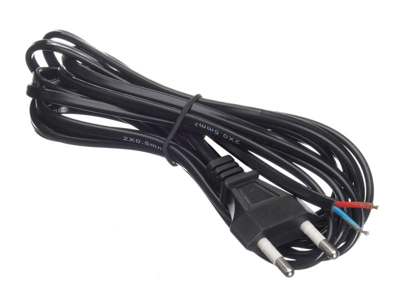 Кабель питания с вилкой (без разъема) 2*0,5мм2, 220V/2,5A, 3м, черный, Cabletech РАСПРОДАЖА